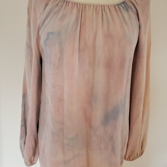 Theory silk blouse ruched poet shirt painted ballet pink blue purple peach Med - Picture 3 of 9